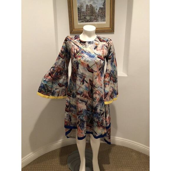 Aftican Design Trish O. Couture High-Low Long  Bell Sleeve Marine Print Dress - Picture 1 of 14